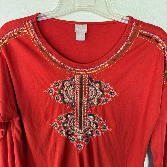 Chico’s Size M Burnt Orange Embroidered Sequined Pullover top size M - Picture 3 of 9